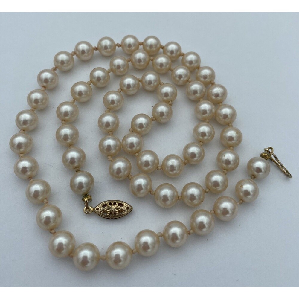 Vtg Champagne Faux Pearl Glass Necklace, Gold Tone Ornate Clasp-Marked PAT 20"
